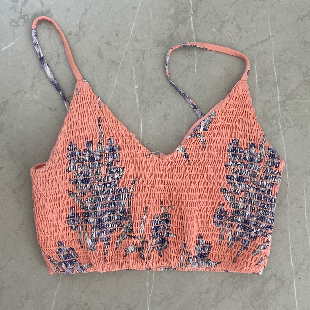 Peach crop top with navy floral print